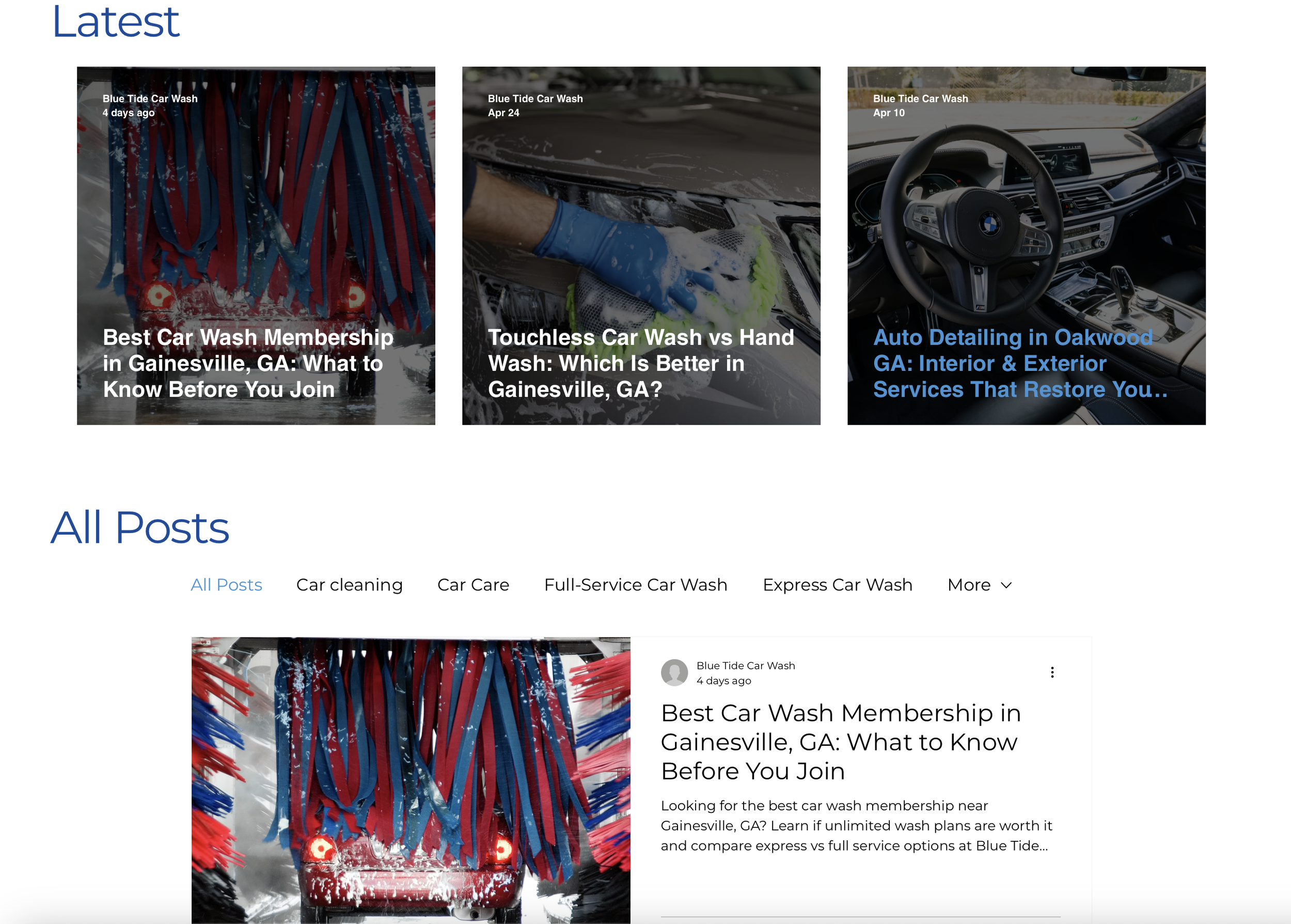 A digital webpage displaying a series of car wash articles with images. The first article shows a car wash brush with red, blue, and white brush strips. The articles discuss car wash memberships, touchless vs. hand washing, and auto detailing services.