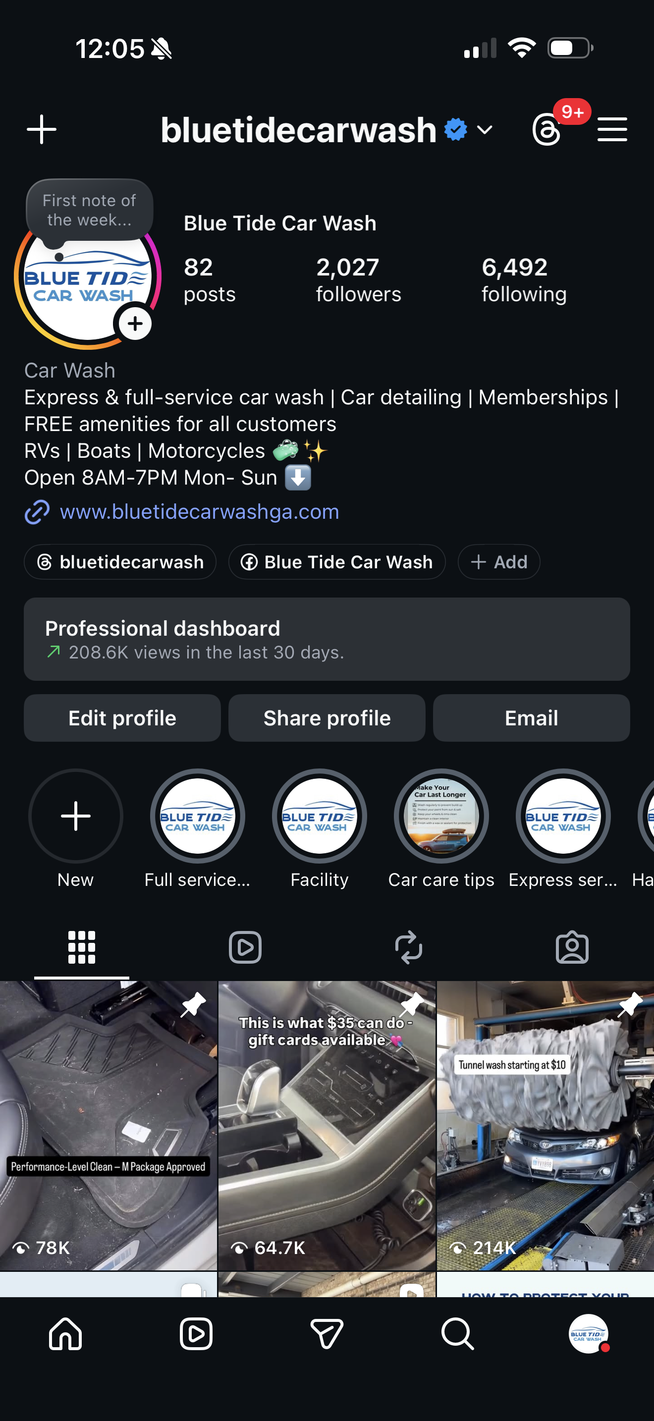 Screenshot of the social media profile for Blue Tide Car Wash, showing their logo, business hours, website, and various stories or posts featuring car cleaning equipment and cars in the car wash.