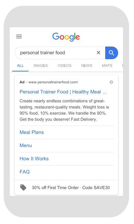 Screenshot of a Google search on a mobile phone for 'personal trainer food', showing an ad for a healthy meal delivery service and links to meal plans, menu, how it works, and FAQ.