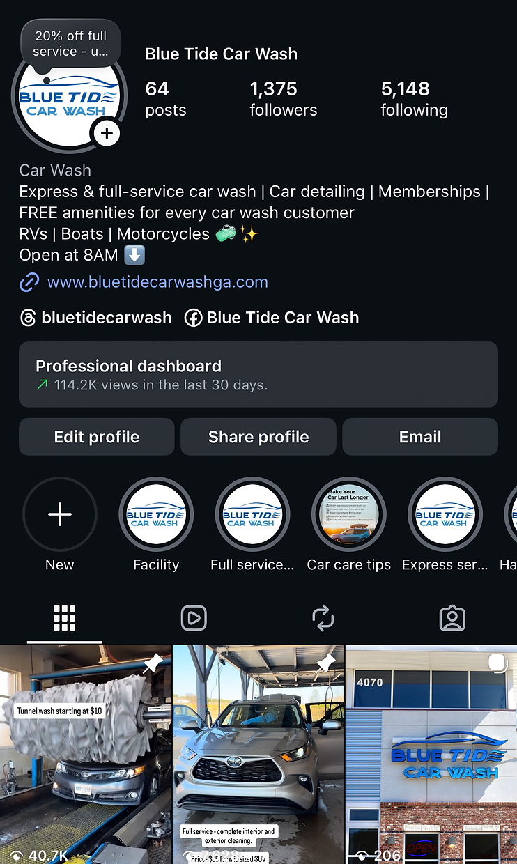 Instagram profile page for Blue Tide Car Wash, showing profile picture, follower count, posts, and recent stories highlights, with images of cars being washed and a sign displaying the business name.