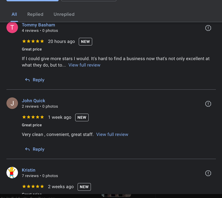 Screenshot of online reviews from three different people praising a business for its great price, cleanliness, convenience, and friendly staff.
