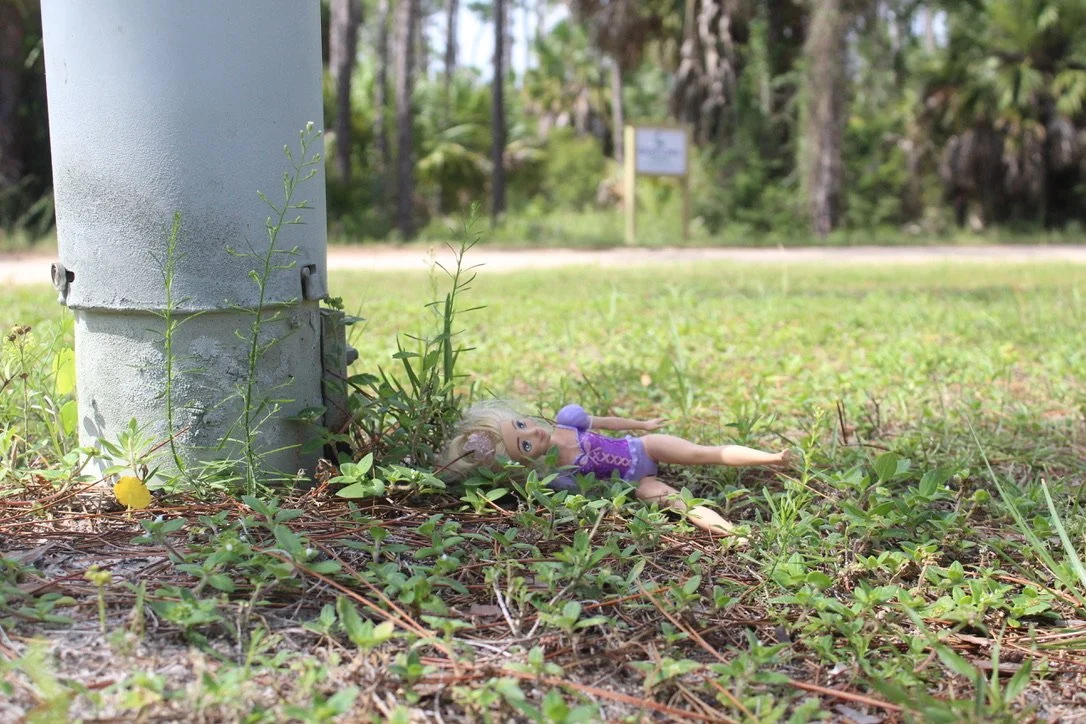 A doll with blonde hair and a purple dress lying on the ground next to a metal pole surrounded by grass and small plants.