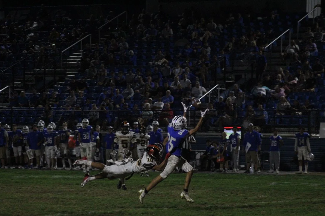 A football player in a blue jersey with the number 15 catches the football in the end zone while being pursued by a player in a white jersey with the number 10 during a night game at a stadium filled with spectators.