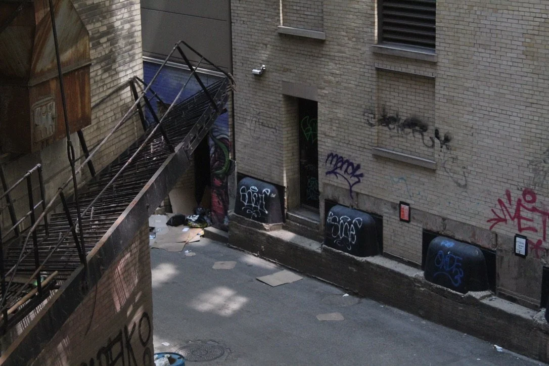An urban alleyway with a metal fire escape ladder, graffiti on walls and dumpsters, and debris on the ground.