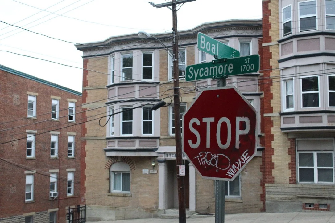 Street corner with stop sign and street signs for Boal Street and Sycamore Street in an urban neighborhood.