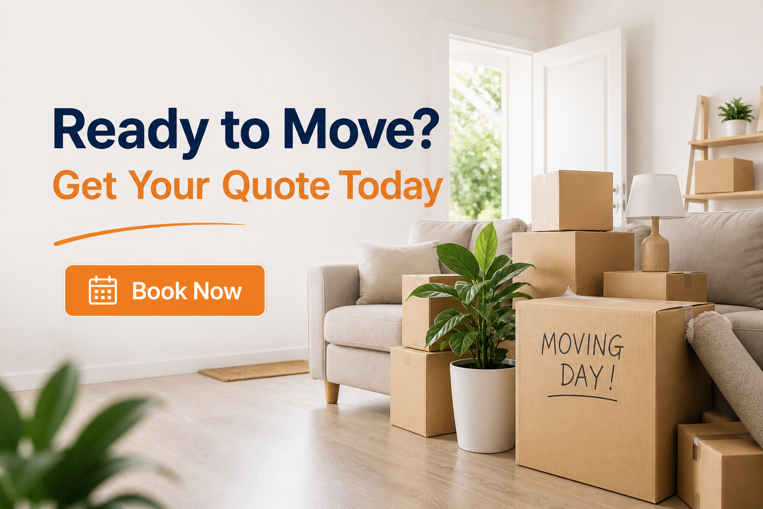 A living room with a sofa, several moving boxes, a green potted plant, a table lamp, and an open window with sunlight. The image contains text that says, 'Ready to Move? Get Your Quote Today' and a 'Book Now' button.