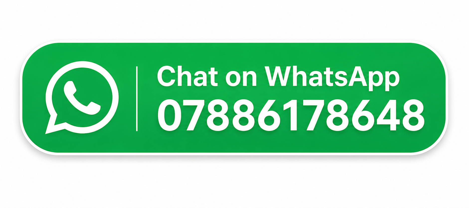Green WhatsApp contact button with WhatsApp logo, text 'Chat on WhatsApp' and phone number 07886178648.