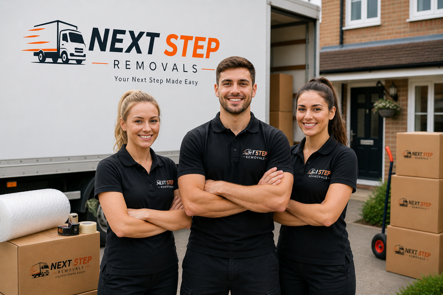 Three movers from Next Step Removals standing in front of a moving truck, smiling with arms crossed, in a residential driveway with packed boxes and packing supplies around.