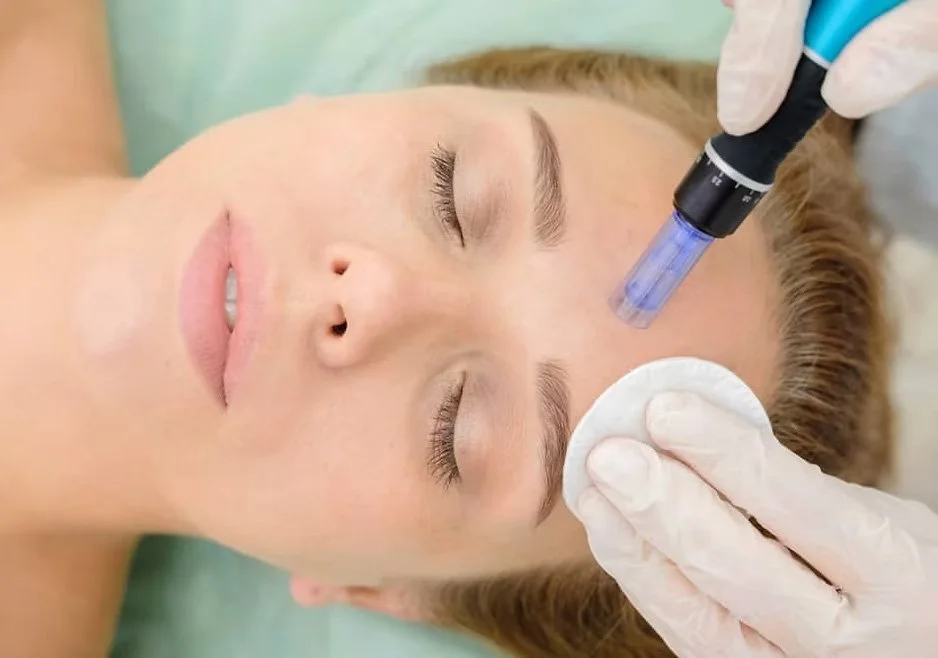 A woman receives a facial treatment with a microdermabrasion device by a medical professional wearing gloves, while her eyes are closed.
