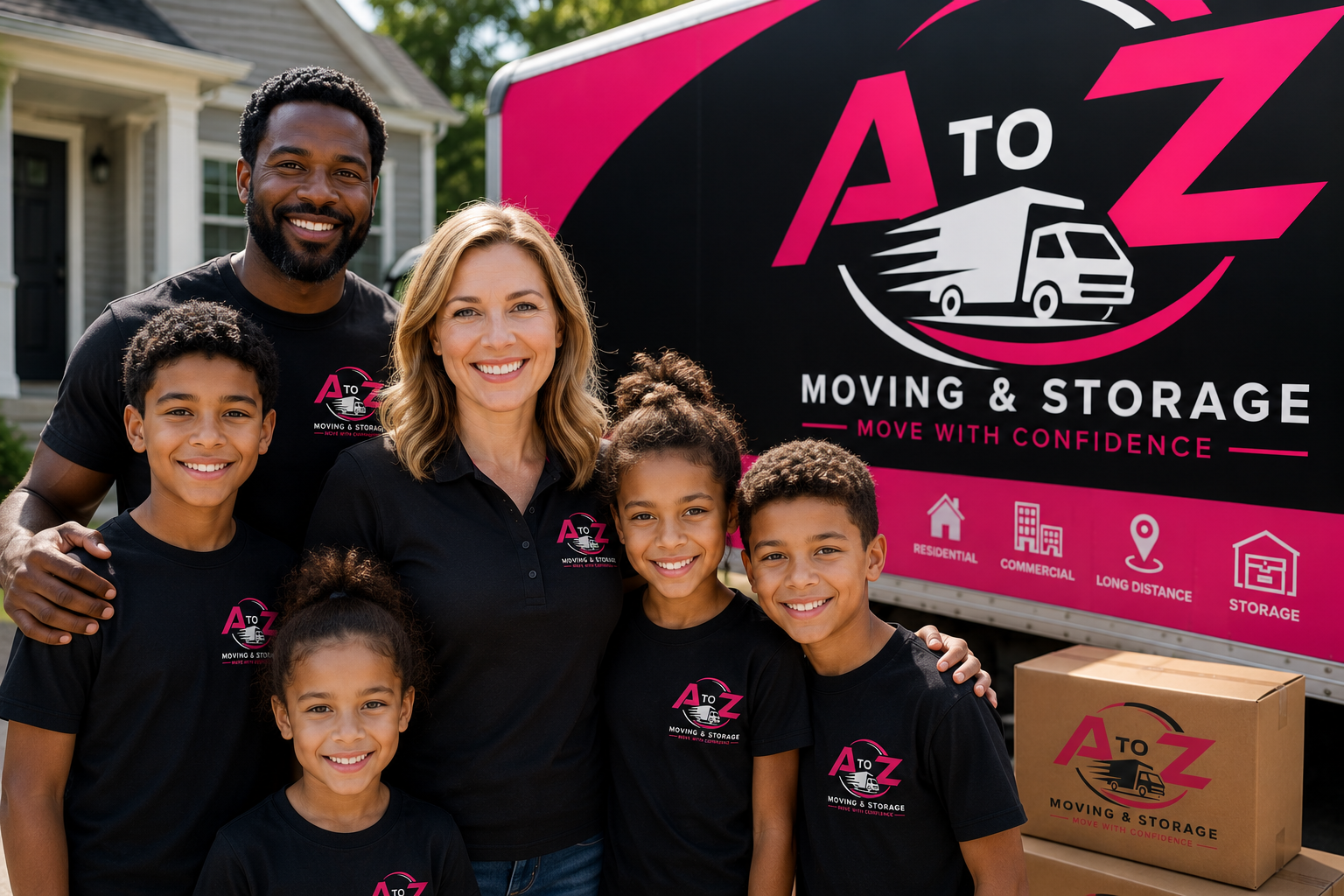 Group of six people smiling at the camera in front of a moving and storage truck. They are wearing black shirts with the company's logo. The background shows a house and some greenery.
