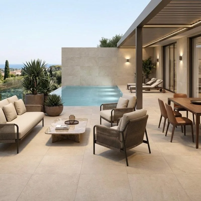 Terrasse extérieure avec mobilier de salon, piscine, plantes en pot, et un coin repas, donnant sur un paysage avec arbres et ciel en arrière-plan.