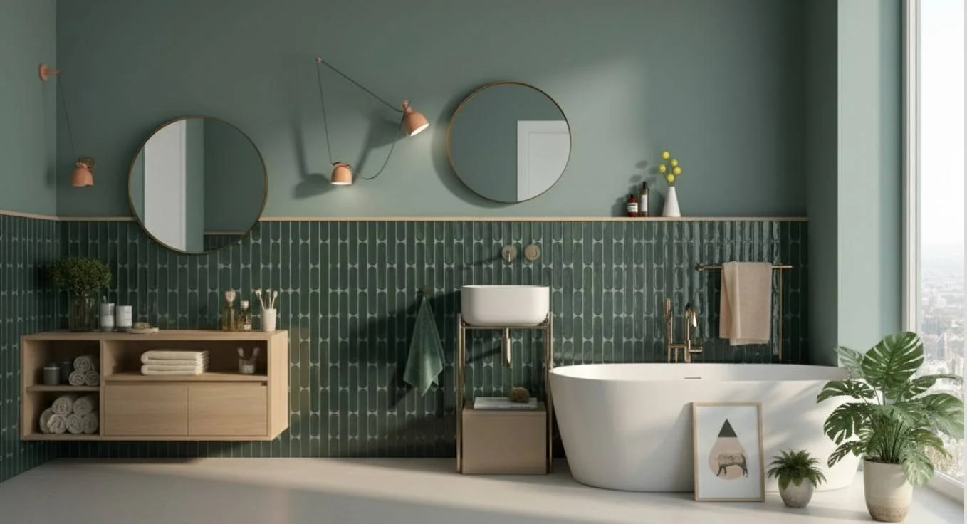 Salle de bain moderne avec baignoire, lavabo surélevé, miroirs ronds, étagère en bois avec serviettes, plantes vertes, et décoration élégante