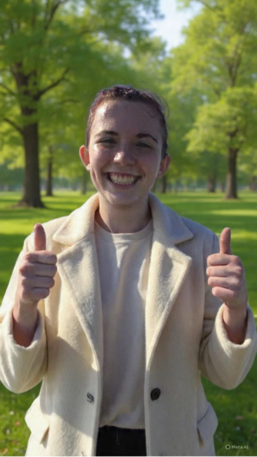 A young woman smiling and giving two thumbs up outdoors in a park with green trees and grass.