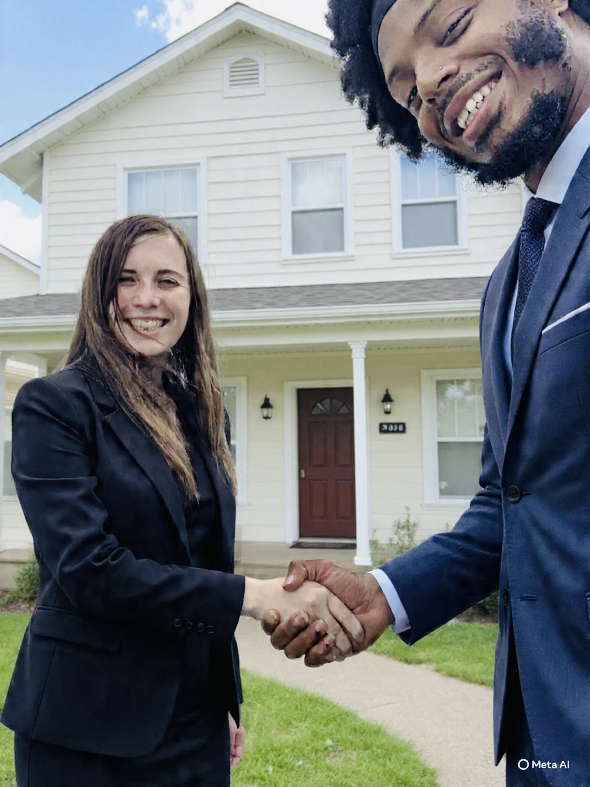 A man in a suit and a woman in a blazer shake hands outside a house with a porch and a brown front door. They are smiling.