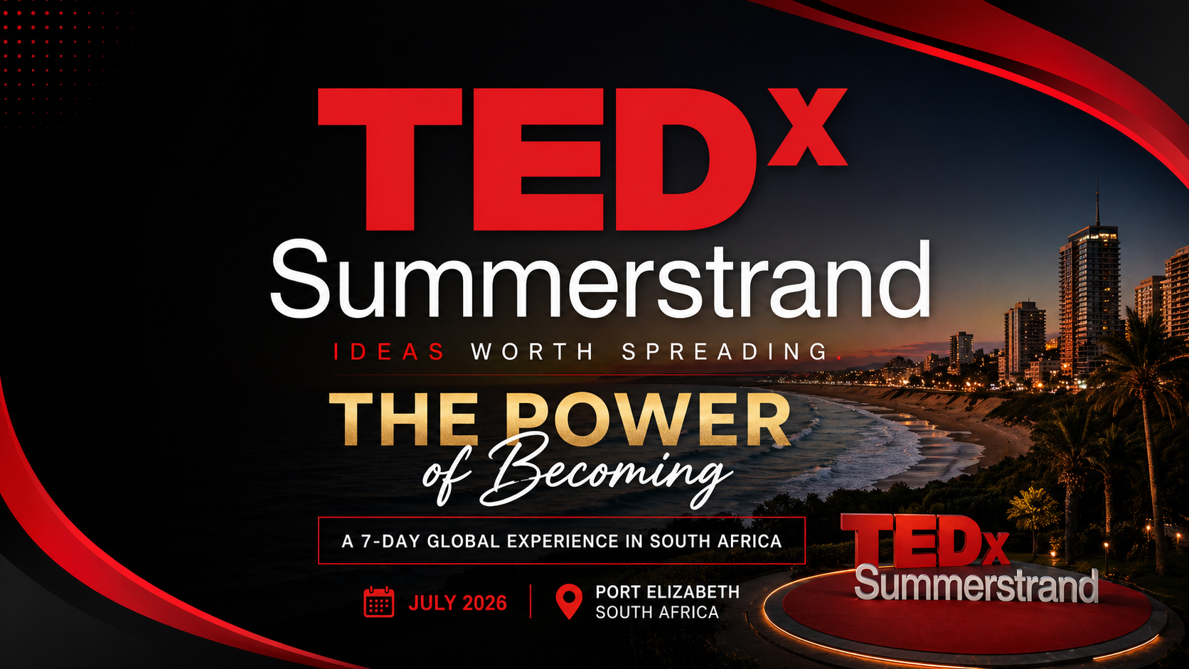 Event poster for TEDx Summerstrand, promoting a 7-day global experience in Port Elizabeth, South Africa, July 2026. Background features a city skyline and beach at sunset.