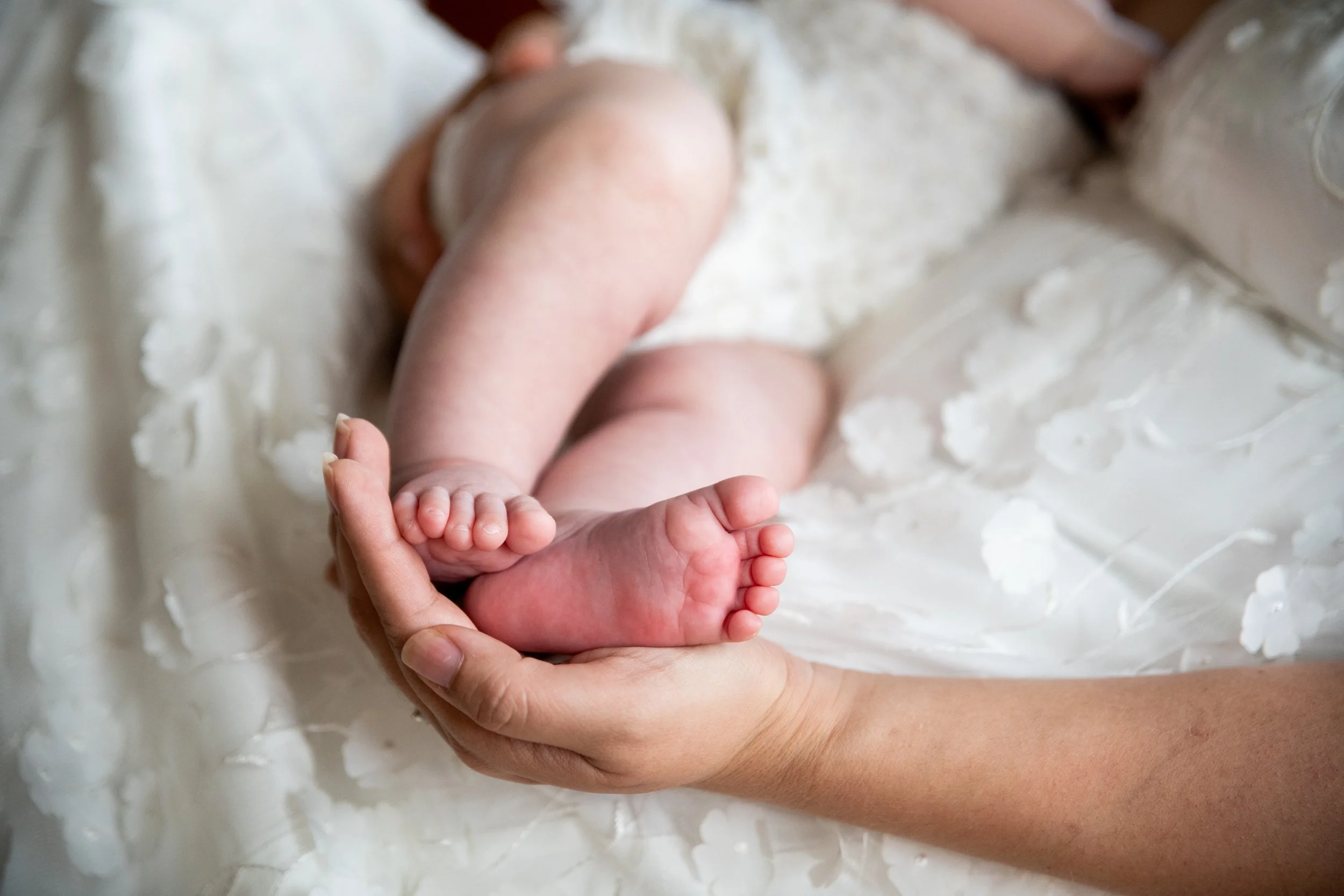 Close-up of an adult hand gently holding a tiny baby foot, with a blurred background of a white surface that appears to be soft or fluffy.