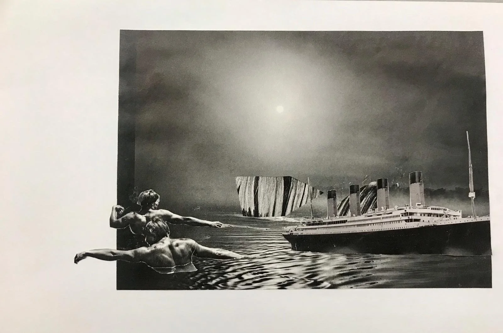 A black and white collage combining a Renaissance-style painting of two erotes, a cruise ship, a wind turbine, and two modern abstract sculptures.