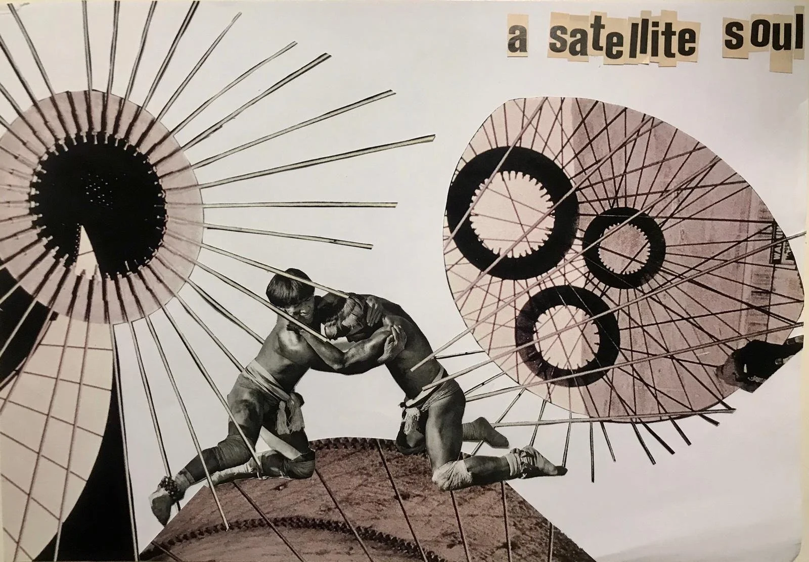 Collage with a large Ferris wheel, a smaller Ferris wheel, and two men wrestling, with the words 'a satellite soul' at the top right.