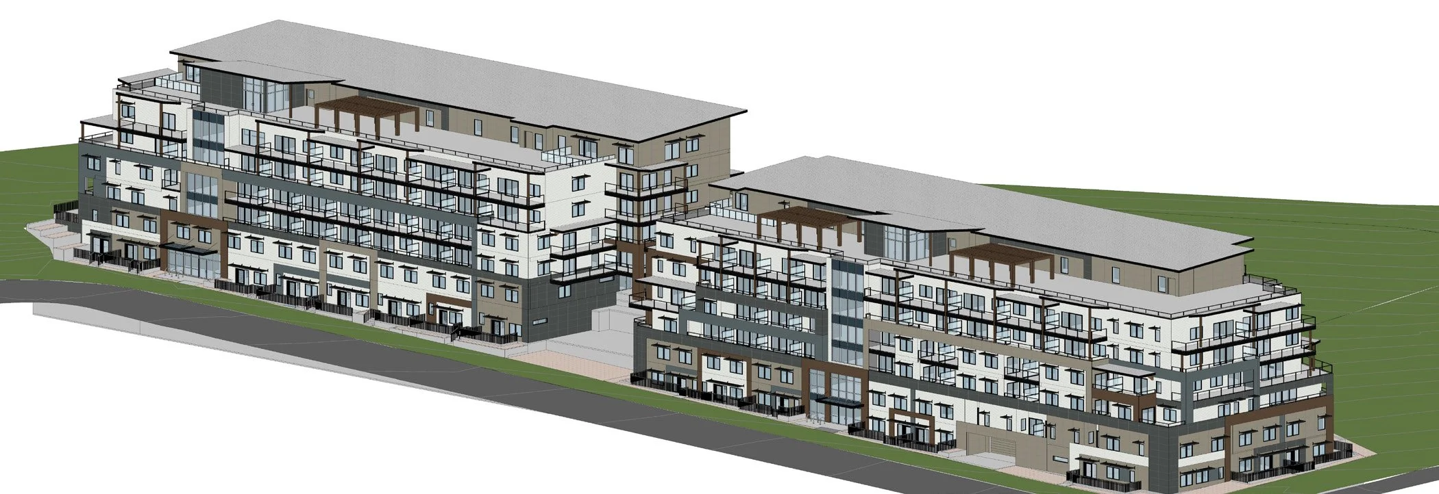 3D rendering of a modern multi-story apartment complex on a sloped terrain with green grassy areas, multiple balconies, rooftop spaces, and large windows, adjacent to a paved street.