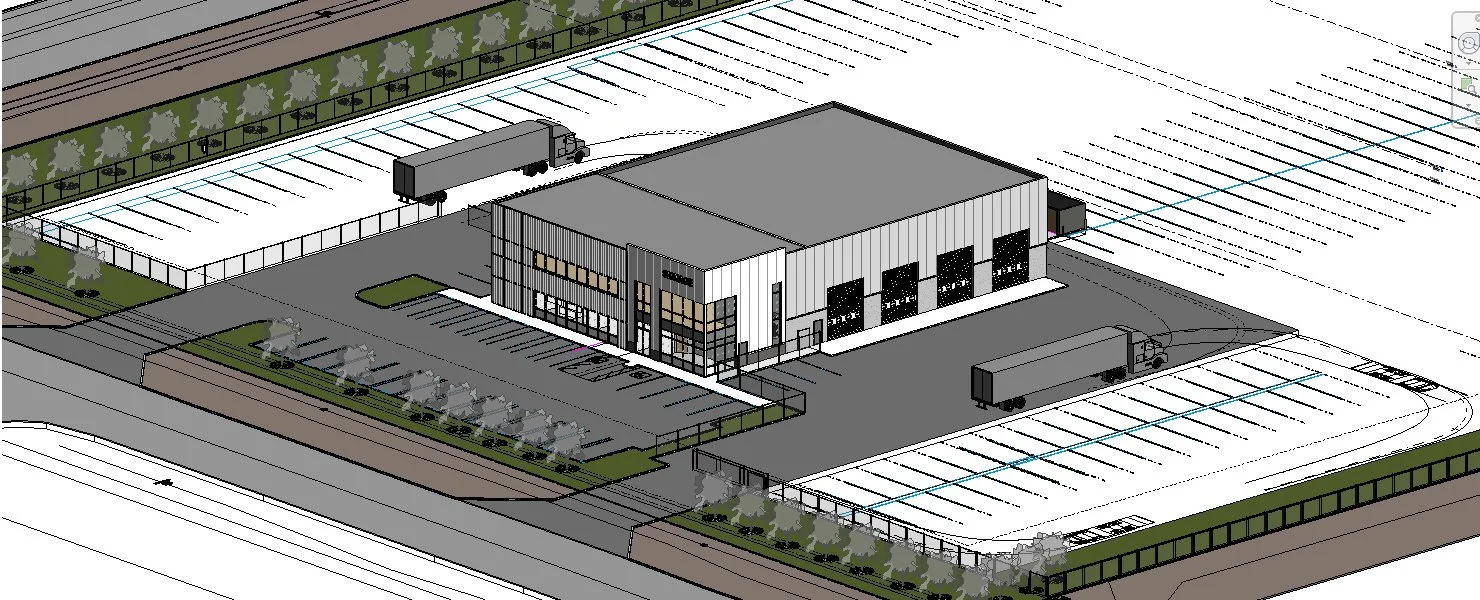3D rendering of a commercial warehouse with parking lot and loading docks.