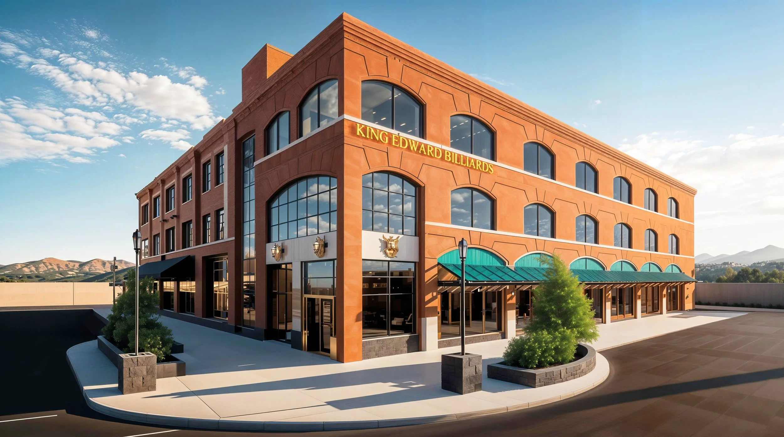 A multi-story commercial building with a sign that reads 'King Edward Billiards'. The building has large arched windows, brick facade, and a sidewalk with trees and street lamps in front. The sky is partly cloudy with mountains in the background.