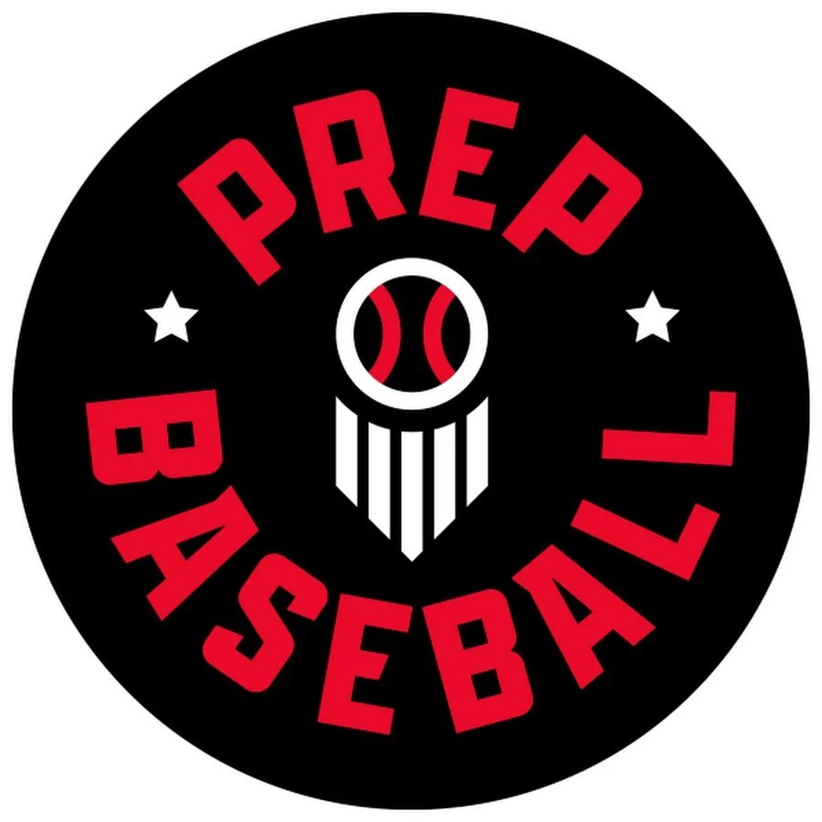 Logo with a baseball bat, baseball, and a face mask, with the words "Prep Baseball" in red around the circle on a black background.