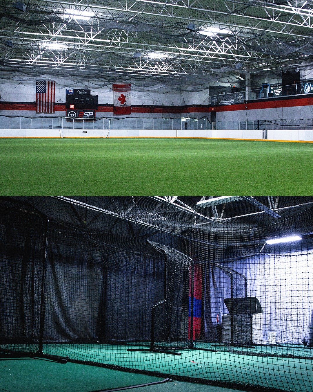 The image shows an indoor sports facility with an ice hockey rink in the upper part, with Canadian and American flags hanging from the ceiling. The lower part features an indoor golf practice area with nets and a golf teeing station.