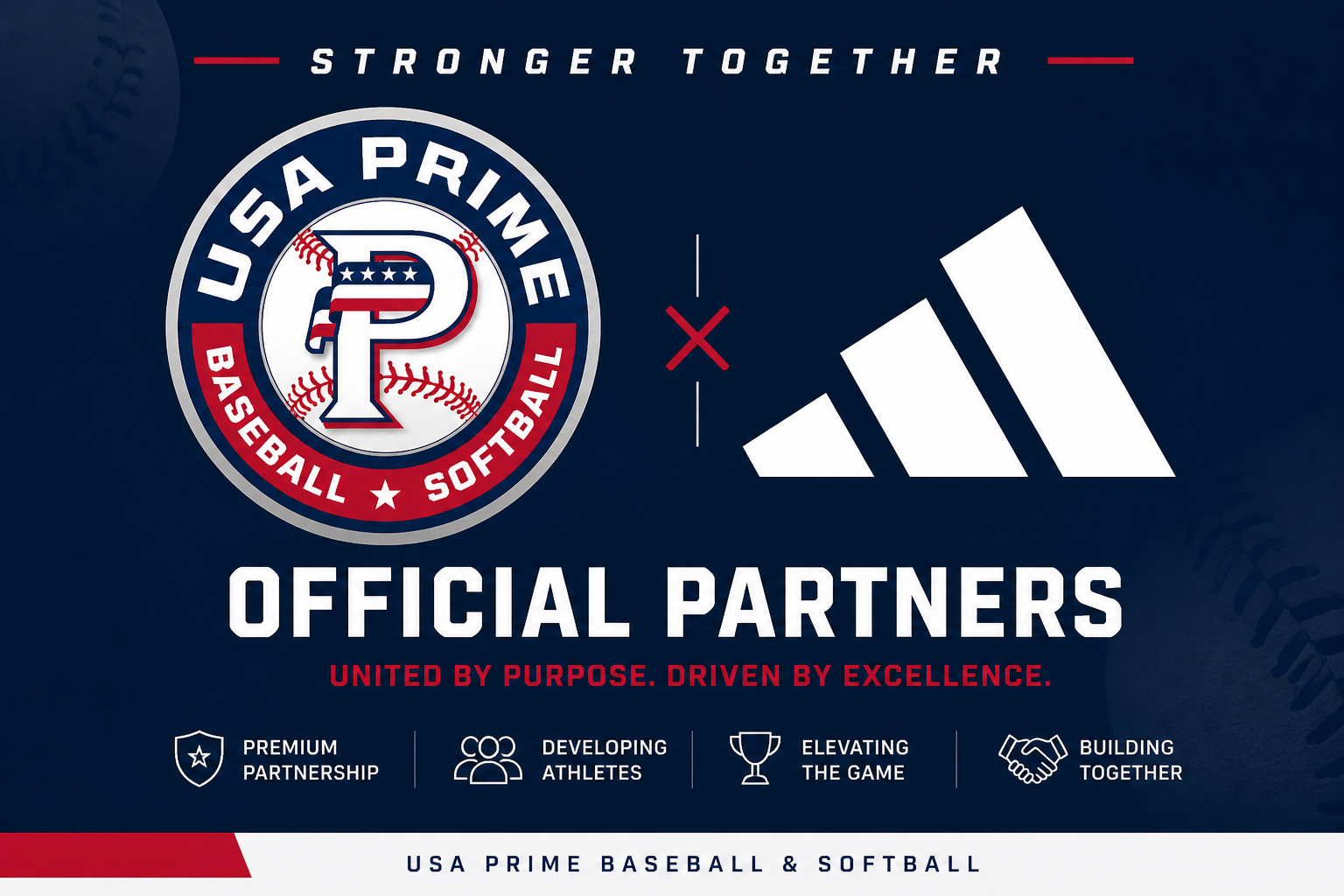 USA Prime Baseball and Softball official partners logo with USA Prime emblem, Adidas logo, and text promoting unity, excellence, and athletic development.