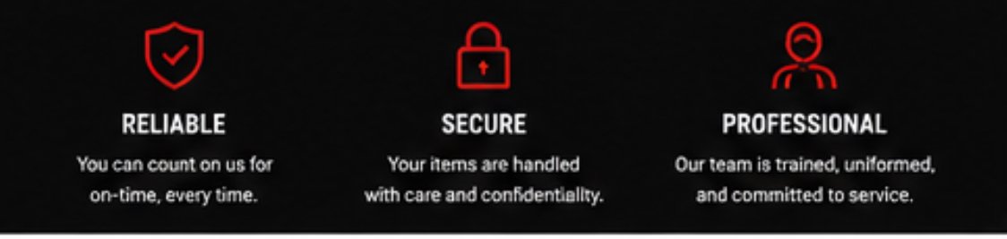 Icons with text highlighting reliability, security, and professionalism