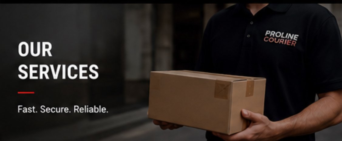 A courier holding a cardboard package with a Proline Courier uniform, against a dark urban background, with text about their services.