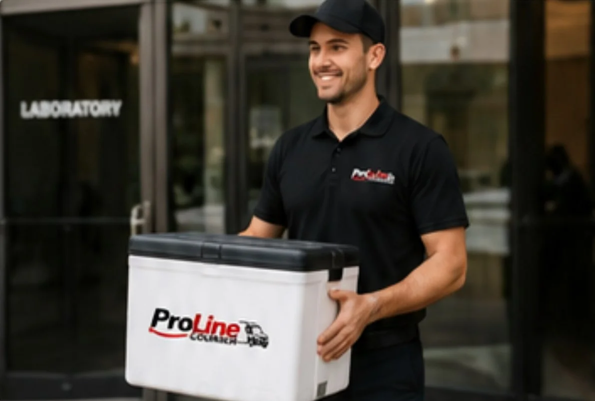 A delivery person wearing a black cap and black polo shirt standing outside a building labeled 'Laboratory' holding a white cooler with the company logo 'Pro Line Cold Storage'.