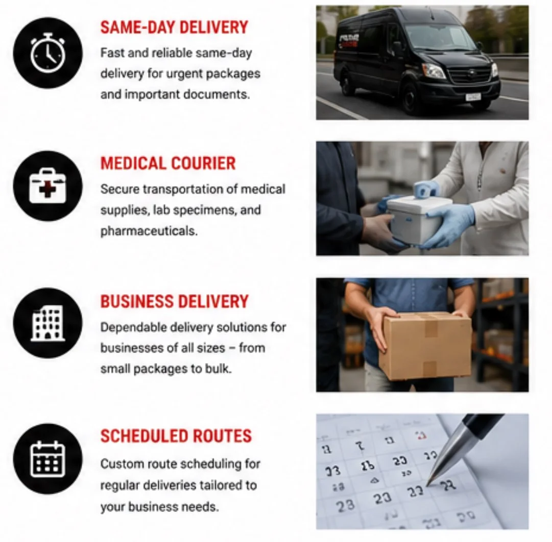 A flyer showing different delivery services, including same-day delivery, medical courier, business delivery, and scheduled routes, with icons and relevant images for each service.