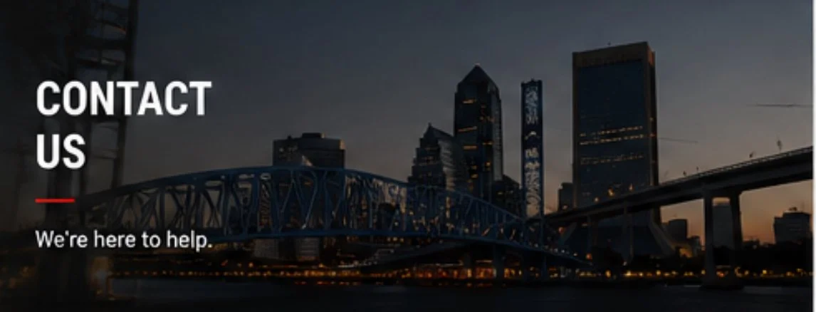 Nighttime cityscape with tall modern buildings and a bridge, text overlay says 'Contact Us' and 'We're here to help.'