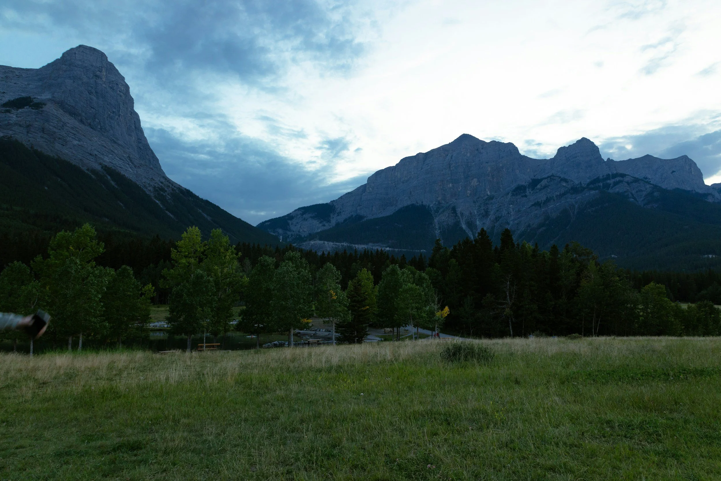 A scenic view of a mountain range with rocky peaks under a partly cloudy sky, lush green trees and a grassy field in the foreground.