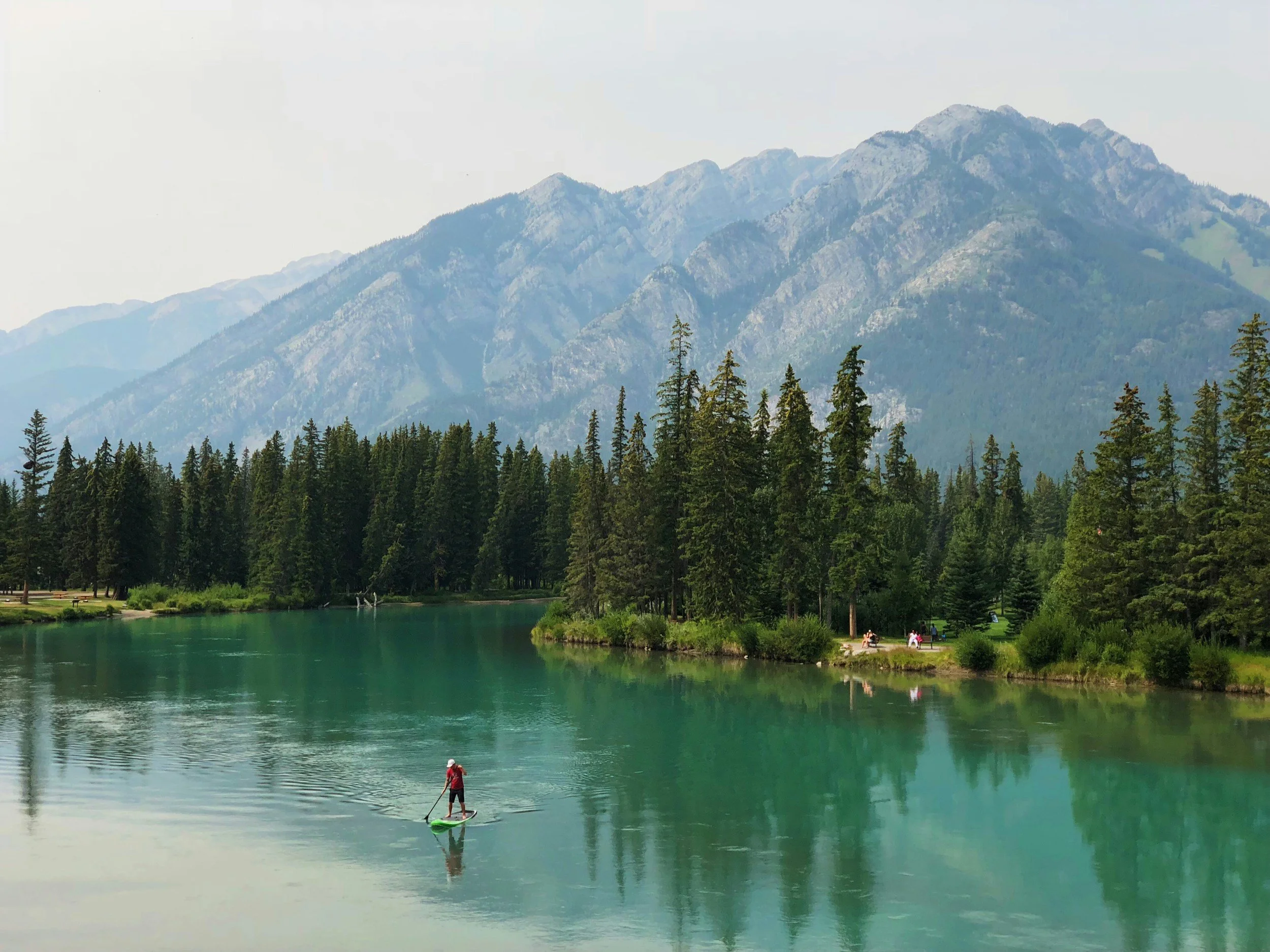 Man paddleboarding on a calm lake with a backdrop of pine trees and towering snow-capped mountains.