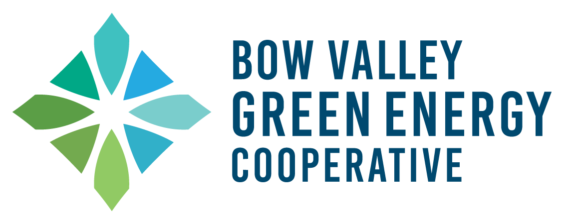 Logo for Bow Valley Green Energy Cooperative with a blue and green geometric leaf design and the organization name.