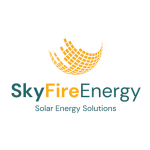 Logo of SkyFire Energy with a stylized orange half-sphere made of grid lines, and text indicating 'SkyFire Energy' and 'Solar Energy Solutions'