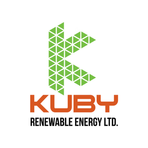 Logo for KUBY Renewable Energy Ltd., featuring a stylized green 'K' made of small triangles and the company name in orange and black text.