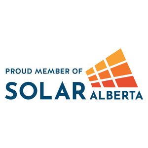 Logo of Solar Alberta featuring an orange and red solar panel graphic and text that reads 'Proud Member of Solar Alberta'.