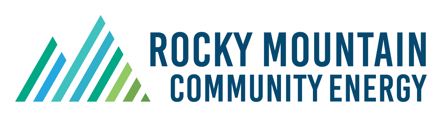 Logo for Rocky Mountain Community Energy with a stylized mountain made of colorful diagonal lines.