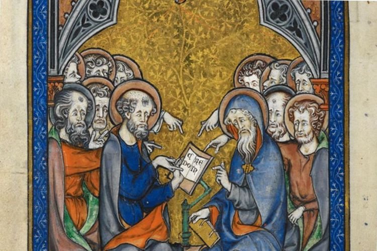 Ilustración de estilo medieval que muestra a Jesús enseńando a un grupo de apóstoles y seguidores, con fondo dorado y detalles góticos.