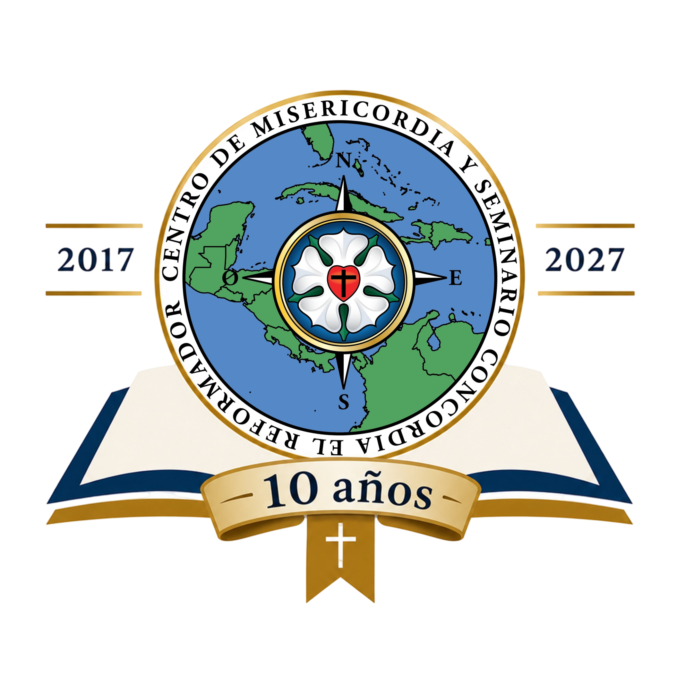 Escudo con mapa de América Central y el Caribe, un texto que dice "10 años", una cruz y un león debajo.