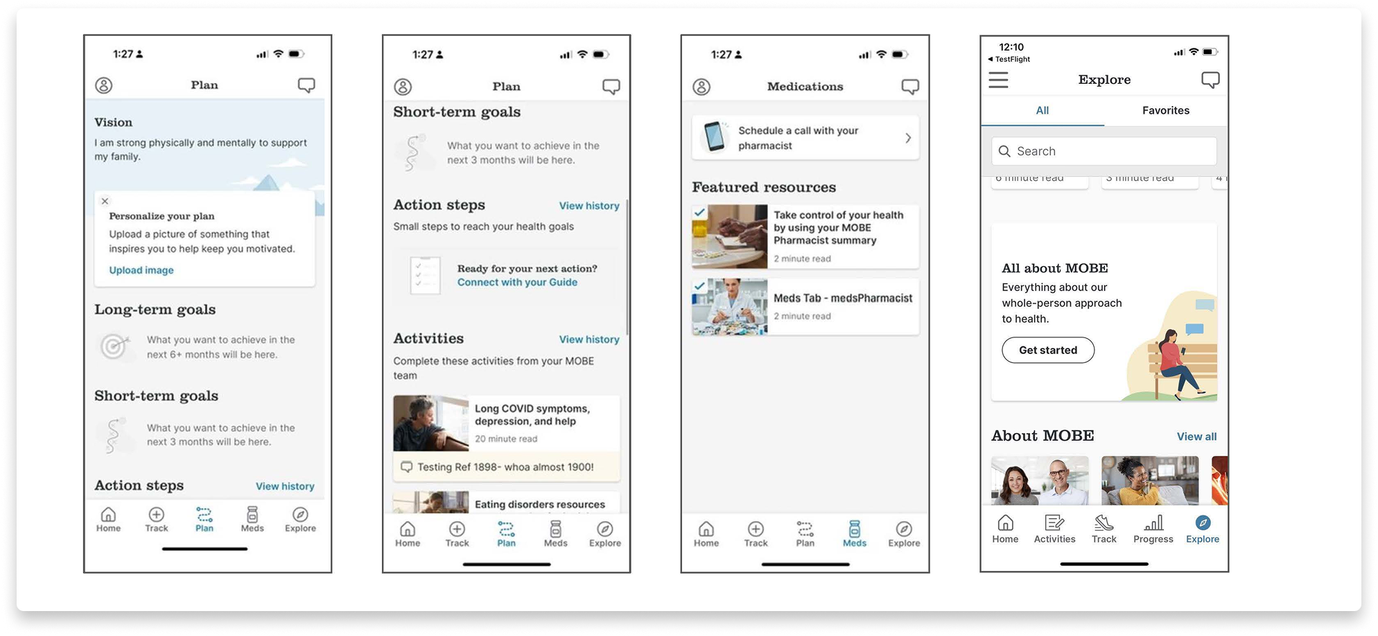 Screenshot of a health tracking app on a mobile phone with tabs labeled Home, Track, Plan, Meds, Explore, showing various screens related to health goals, medications, and resources.