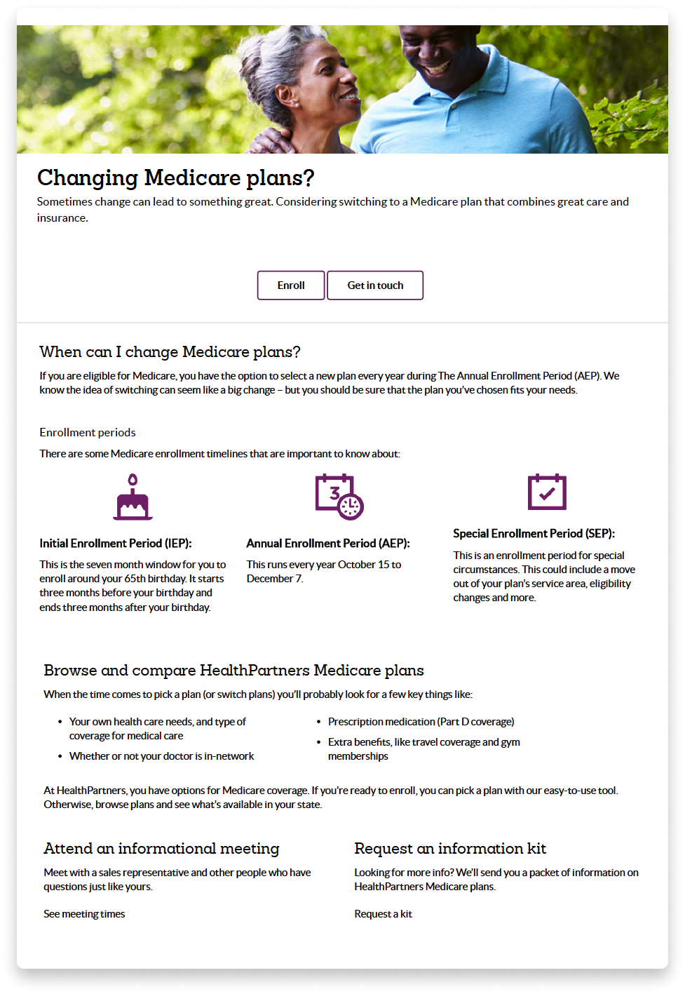 A website page about changing Medicare plans with a header image of an elderly woman and a young man smiling outdoors, surrounded by green trees.