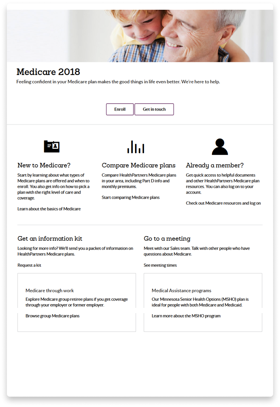 Screenshot of a Medicare 2018 webpage featuring a smiling elderly man and a child, with sections for enrollment, comparing plans, resources for members, information kits, and meeting schedules.