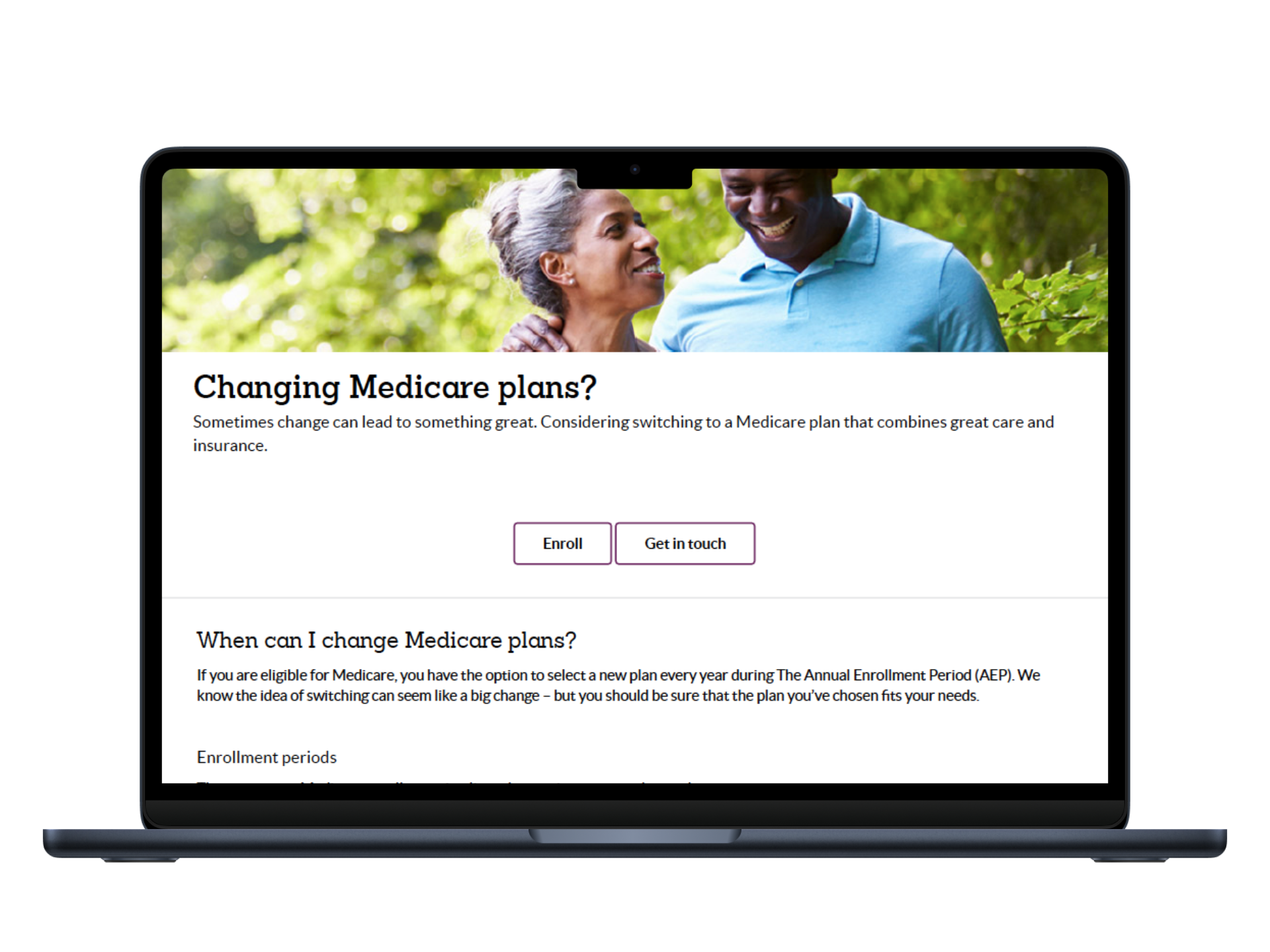 A computer screen displaying a webpage about changing Medicare plans, featuring a header image of an elderly woman and a man smiling and interacting outdoors among green foliage.