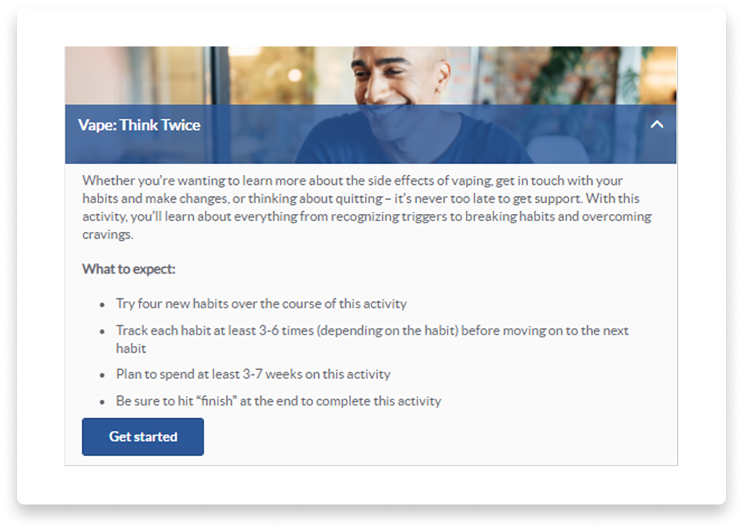 Screenshot of an online article titled 'Vape: Think Twice' with a smiling man in the background. The article discusses learning about the side effects of vaping and quitting, with tips like trying new habits, tracking habits, planning weeks on the activity, and finishing the activity.