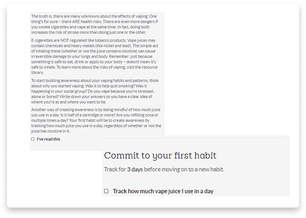 Screenshot of a webpage about the risks of vaping and tips for forming healthy vaping habits, including tracking the amount of vape juice used.
