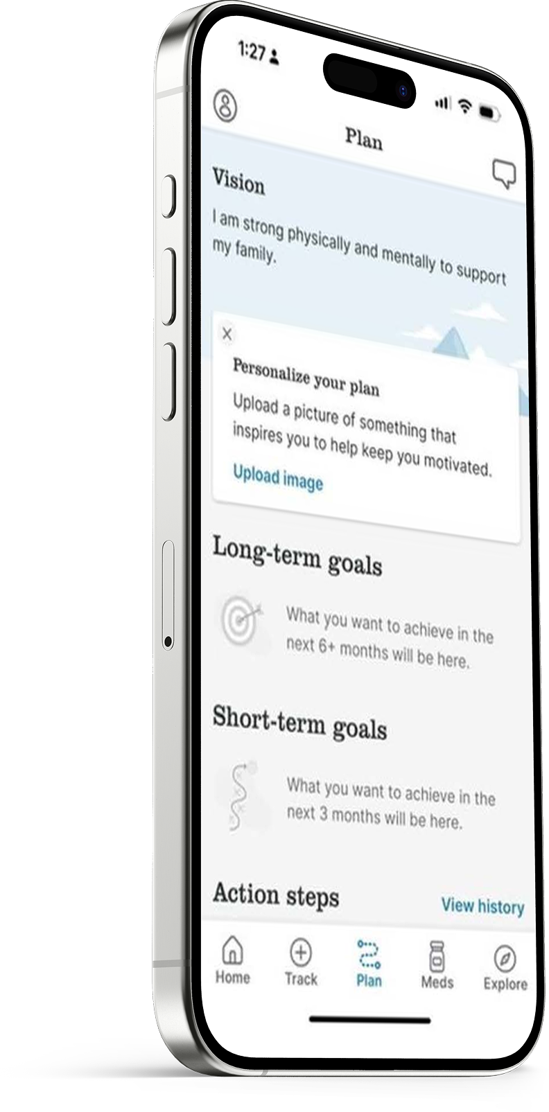 Mobile phone screen displaying a health planning app with sections for vision, long-term goals, short-term goals, and action steps.