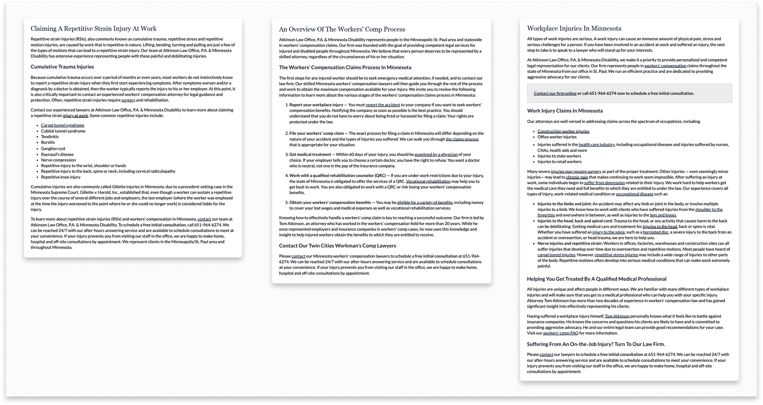 Screenshots of three pages of a legal article about workplace injury claims and workers' compensation in Minnesota, including sections on common injuries, process overview, and legal assistance.